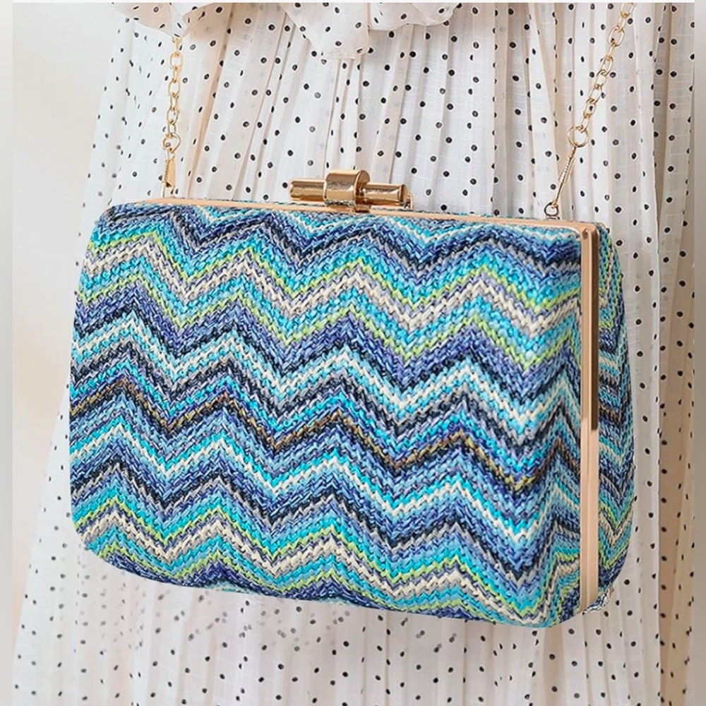 Vici Blue Woven Crossbody Clutch | Chevron Pattern | Boho Resort Bag